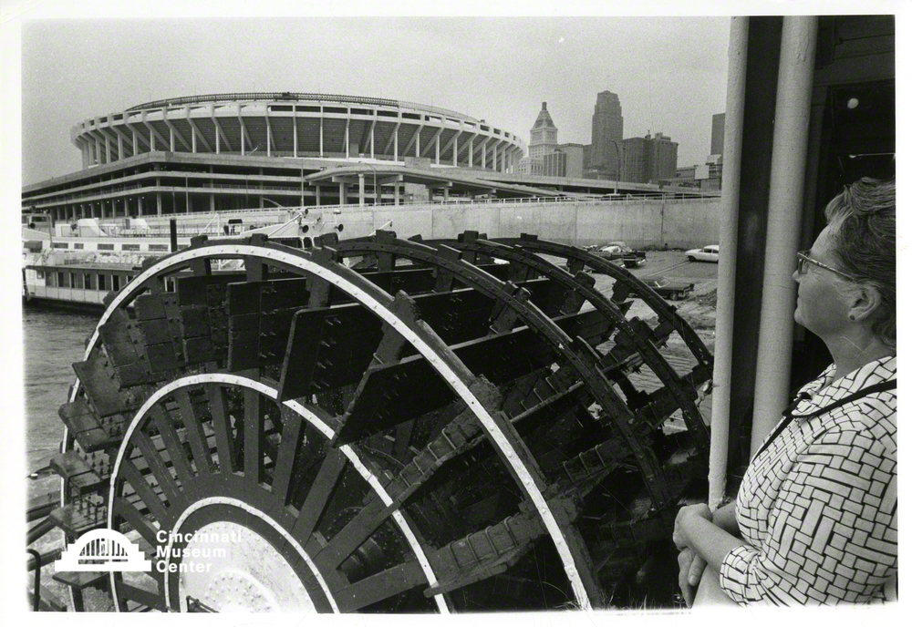 historical objects and fine art historical photo of a river boat in cincinnati