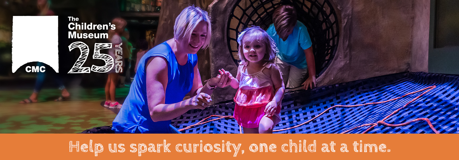 CMC Logo – The Children's Museum – 25 Years – Transform the Future of Cincinnati - One child at a time. An image of a mother and daughter in The Woods area of the Children's Museum