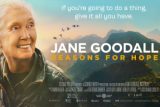 Jane Goodall – Reasons for Hope. If you're going to do a thing, give it all you have.Image of Jane Goodall looking right with a scenic view of mountains/hills and birds flying in the background at sunset.