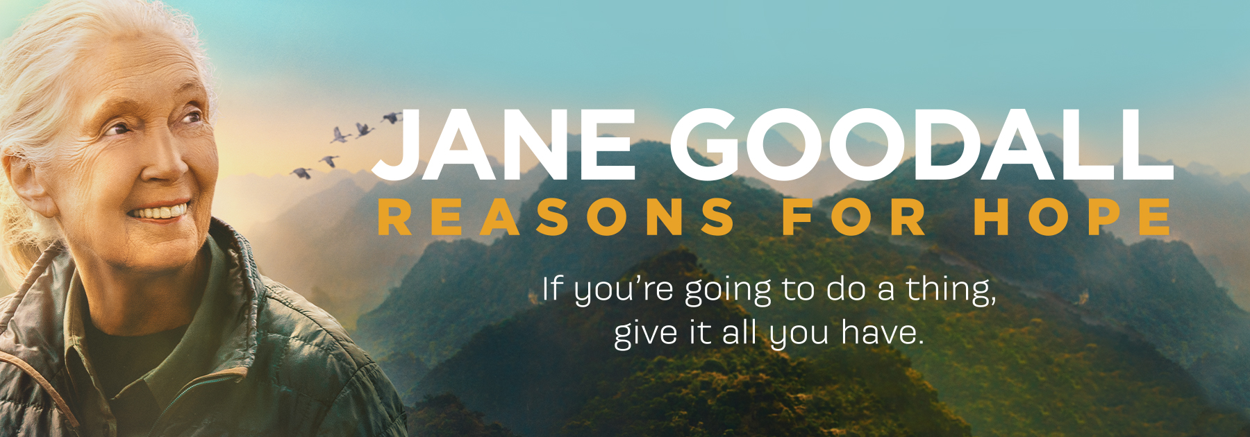 Jane Goodall – Reasons for Hope. If you're going to do a thing, give it all you have.Image of Jane Goodall looking right with a scenic view of mountains/hills and birds flying in the background at sunset.