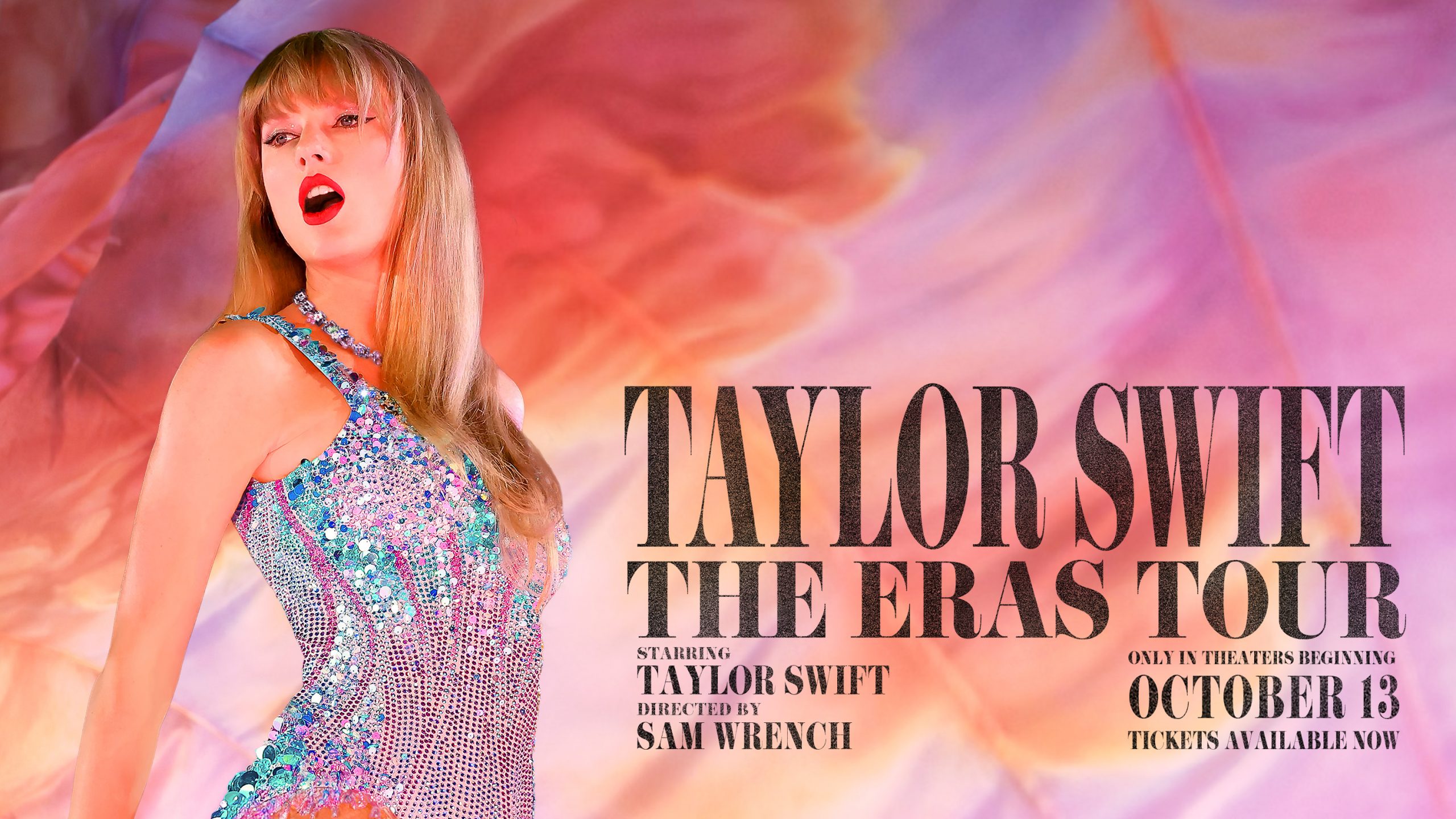 Taylor Swift: The Eras Tour – Key Art featuring Taylor Swift posing in front of a pink hued background